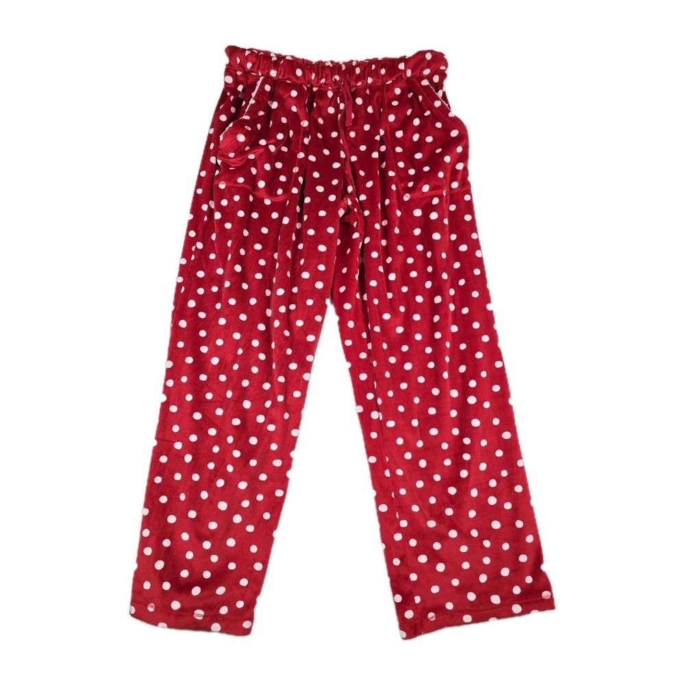 Jockey Womens Red Polka Dot Velour Pajama Pants Large Plush Loungewear Pockets